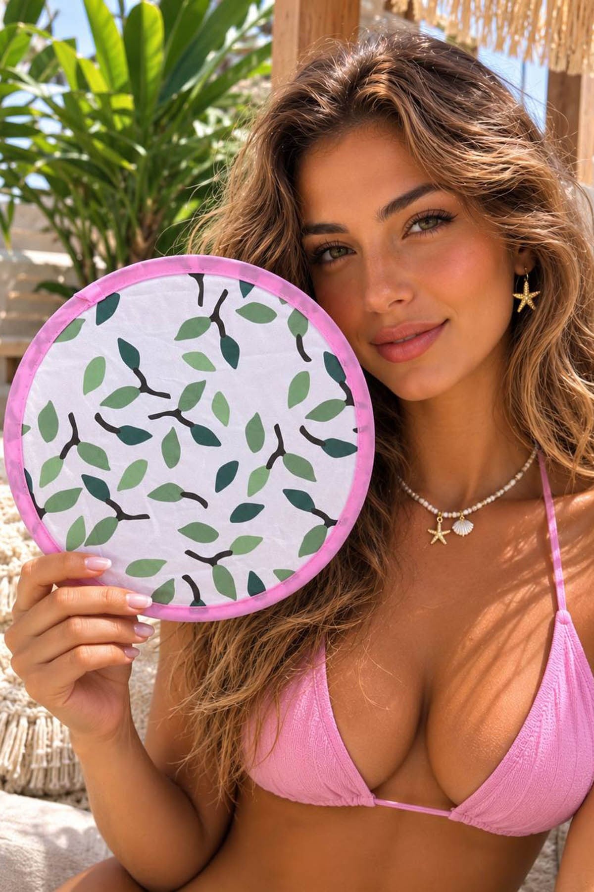 Folding hand fan, leaf print