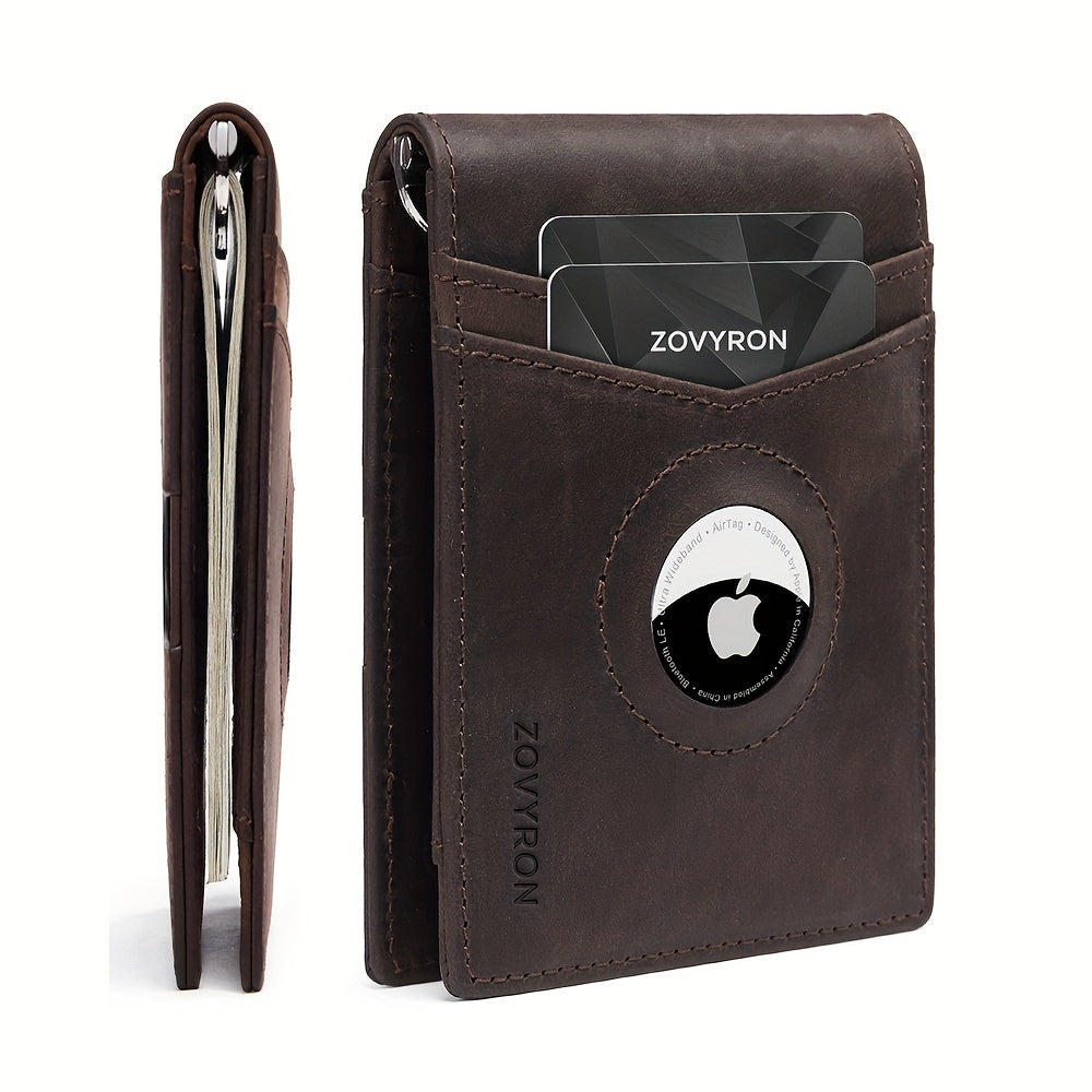 Genuine leather bifold wallet with AirTag pocket