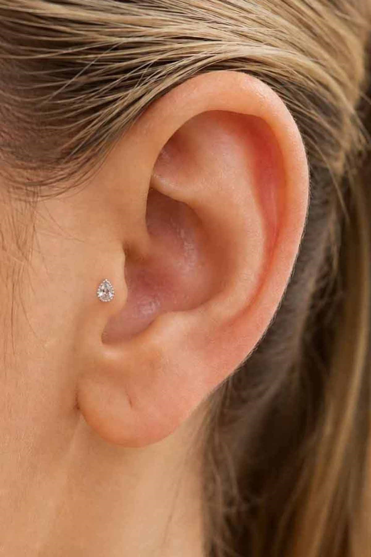 Silver-tone small stone-set tragus stud
