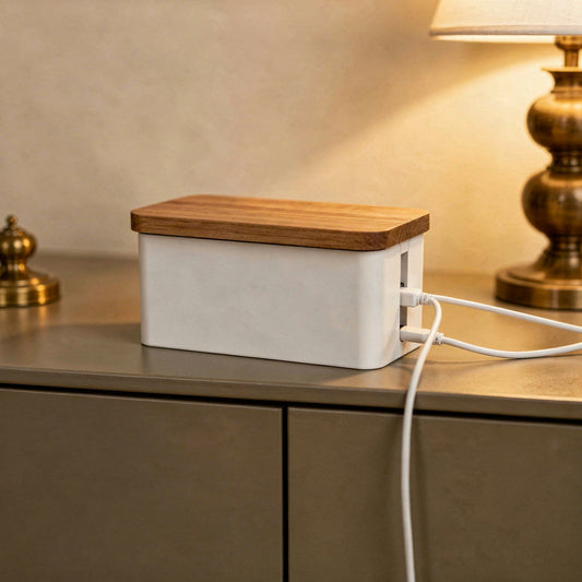 Cable management box with wood-effect lid
