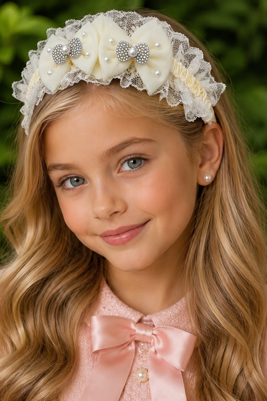 Cream bow and pearl children's headband