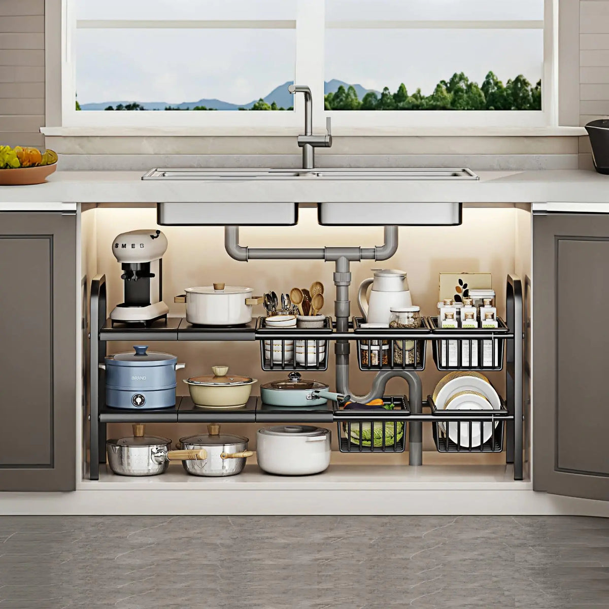 Under-sink organiser fitted around plumbing