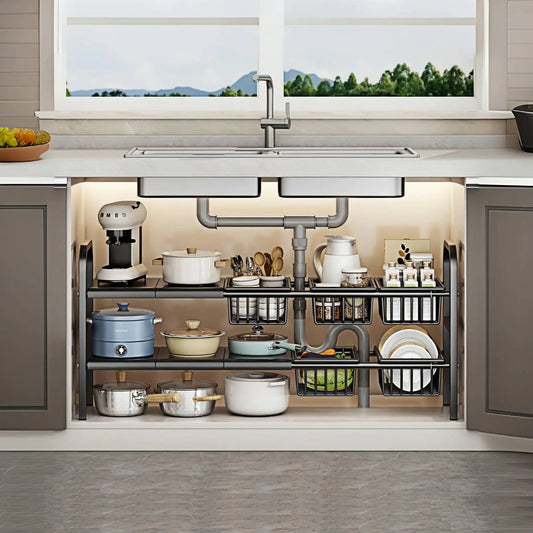 Under-sink organiser fitted around plumbing