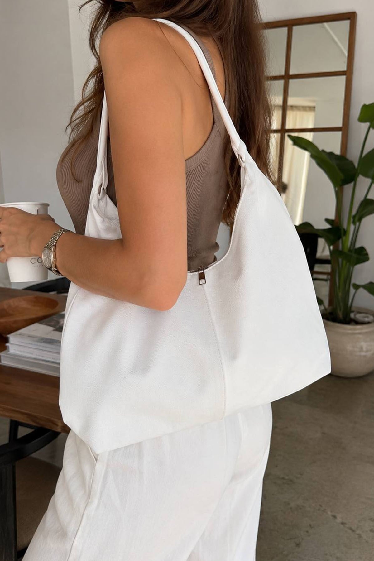White canvas shoulder bag