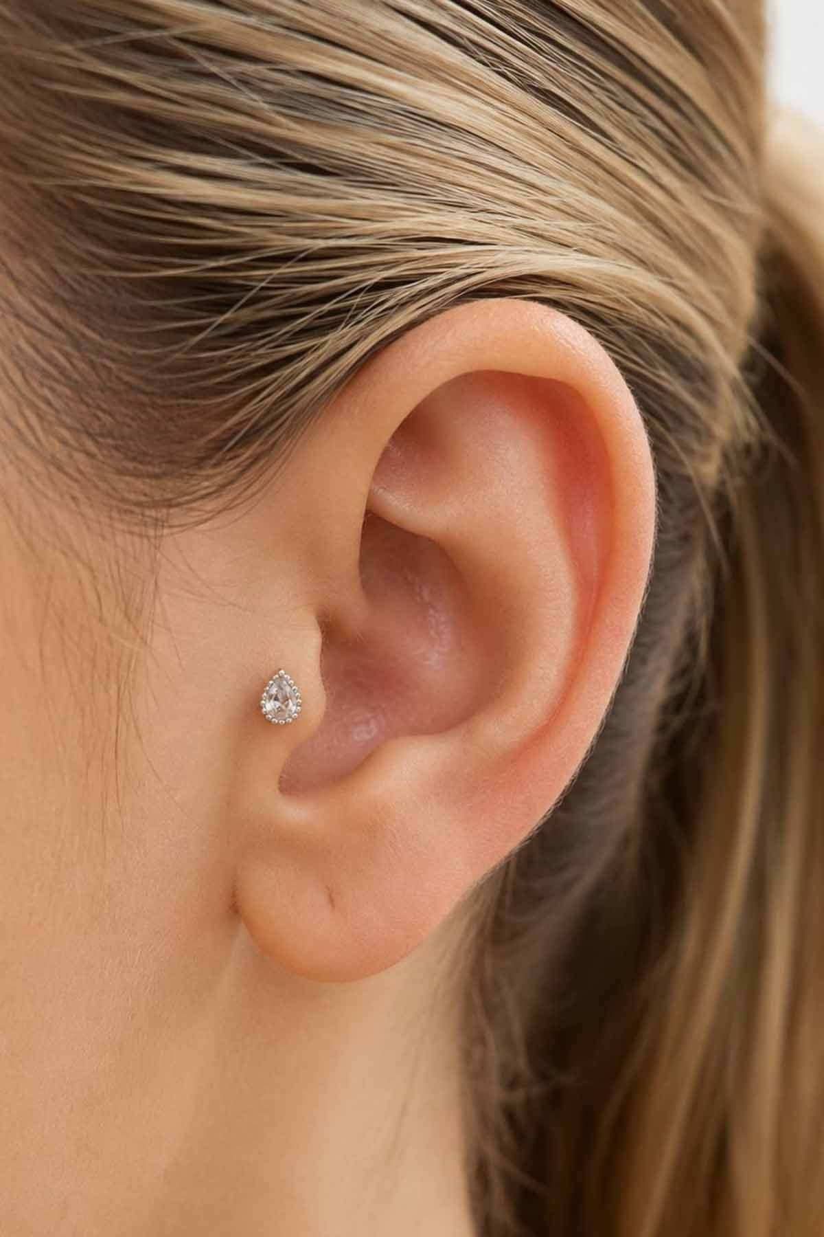 Silver-tone large stone-set tragus stud