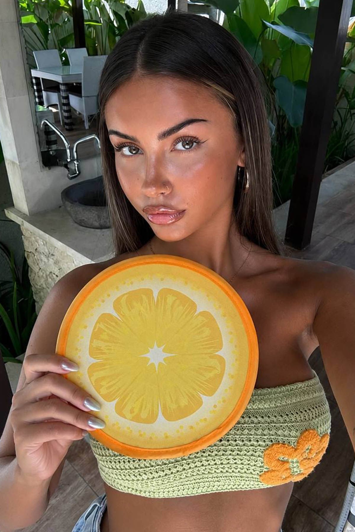 Folding hand fan, orange print