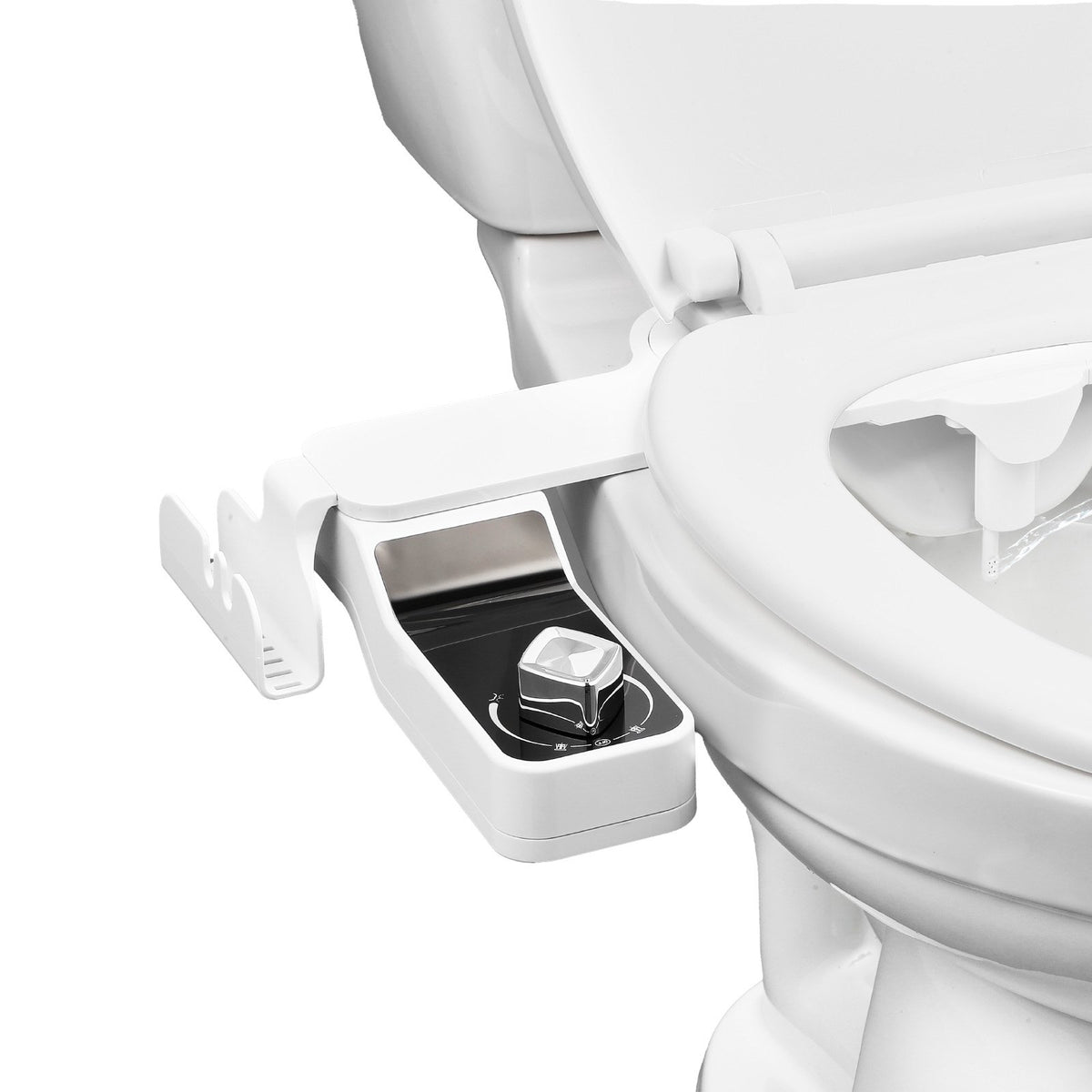 Bidet attachment fitted under a toilet seat, front view