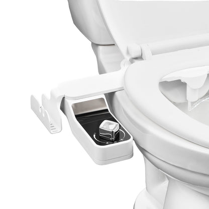 Bidet attachment fitted under a toilet seat, front view