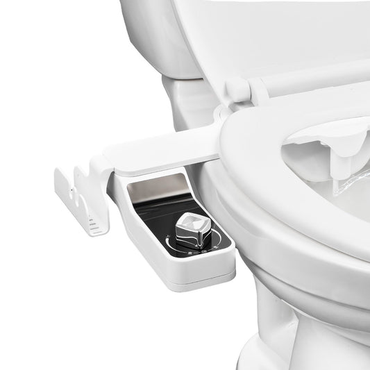 Bidet attachment fitted under a toilet seat, front view