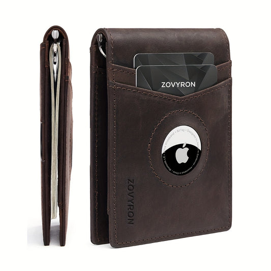 Genuine leather bifold wallet with AirTag pocket