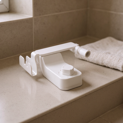 Bidet attachment on a stone bathroom ledge, white body with single pressure dial