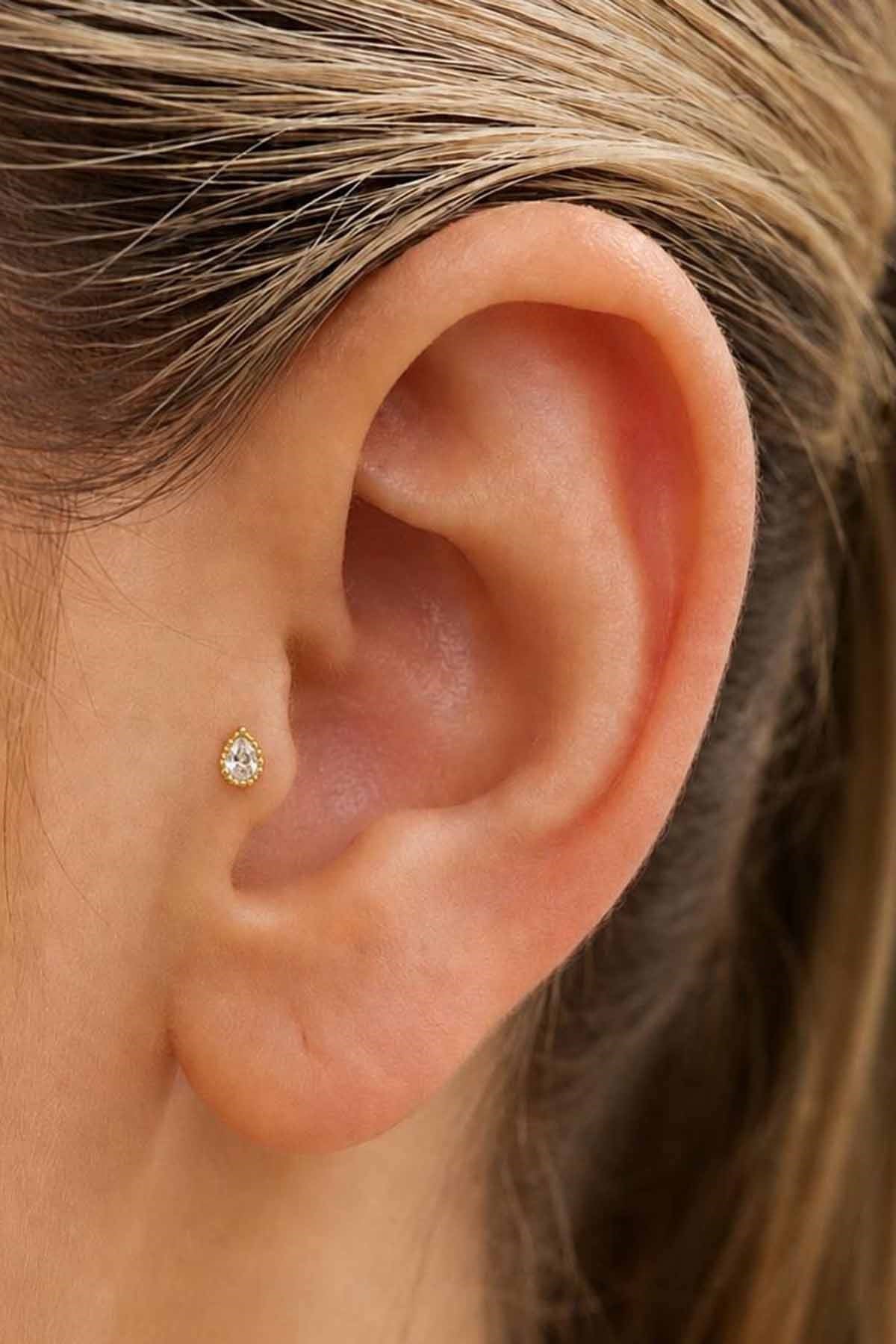 Gold-tone small stone-set tragus stud