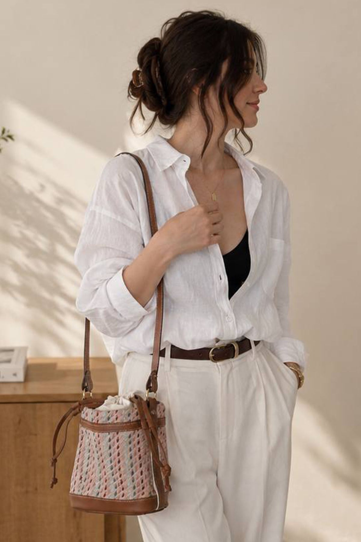 Brown striped canvas shoulder bag