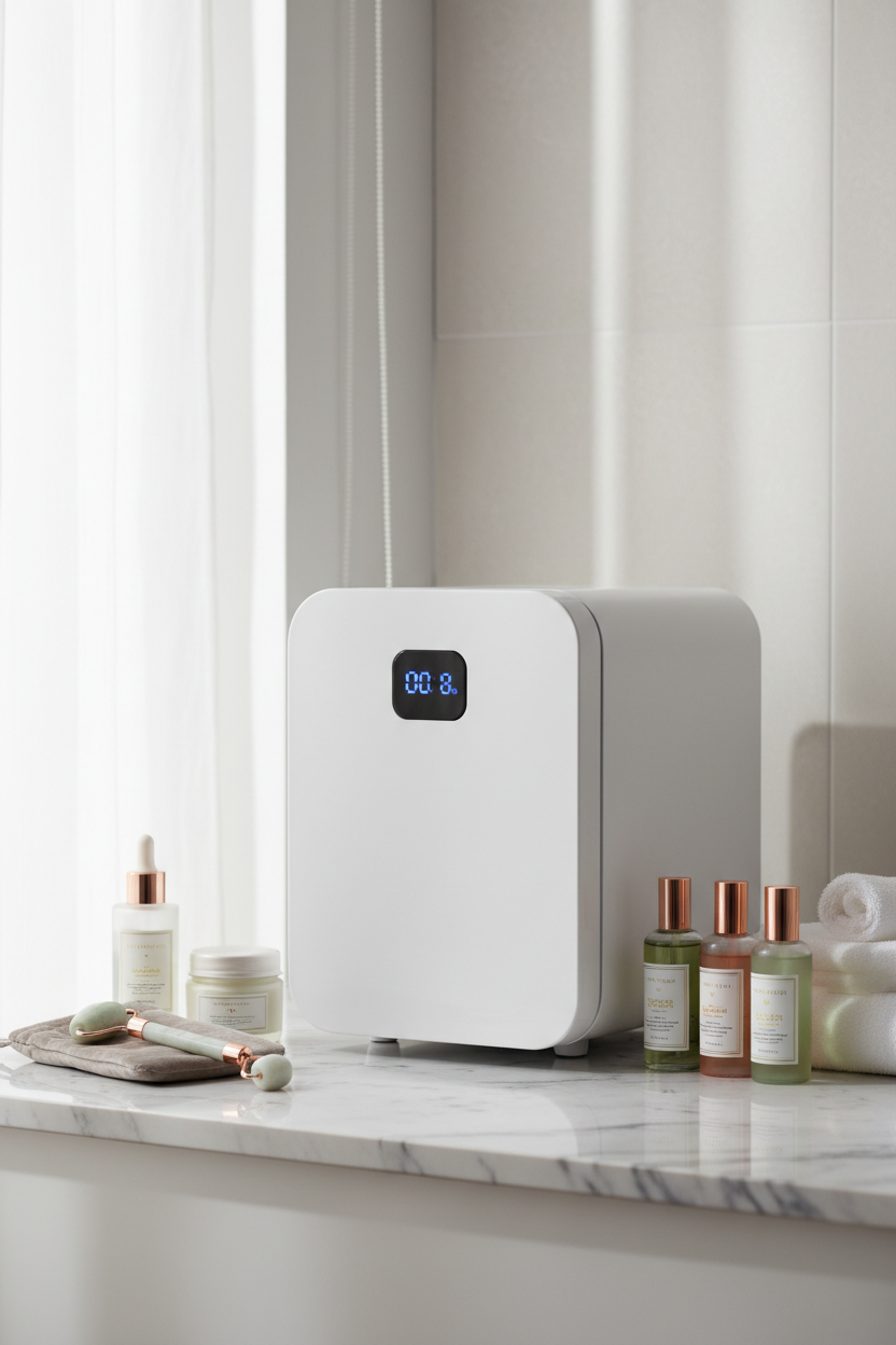 White skincare mini fridge on a marble vanity styled with serums and beauty products