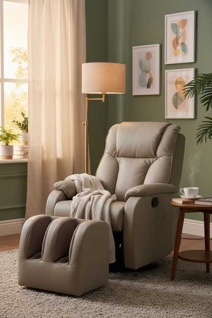 Beige faux leather massage recliner chair in a cozy spa-inspired living room with warm ambient lighting