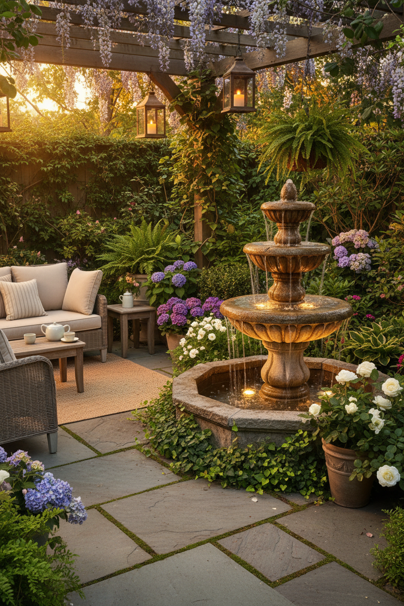 3-tier cascading outdoor garden water fountain with warm LED lights at golden hour on a lush patio