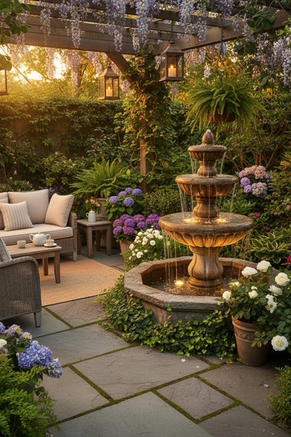 3-tier cascading outdoor garden water fountain with warm LED lights at golden hour on a lush patio
