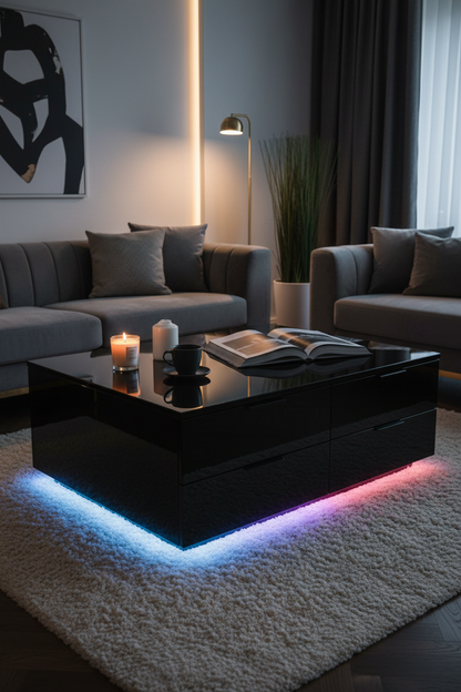 High-gloss black LED coffee table with glowing LED strip in a moody modern living room